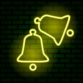 Two Christmas bells glowing yellow illuminated on the green brick wall. Merry Christmas and Happy New Year. Illustration.