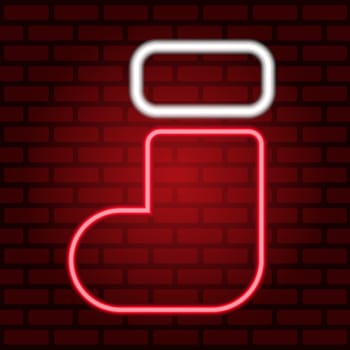 Glowing neon red Christmas stocking icon illuminated on brick wall background. Merry Christmas and Happy New Year. Illustration.