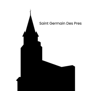 France, Paris, Ancient church Saint Germain des Pres, silhouette isolated on white background, vector illustration.