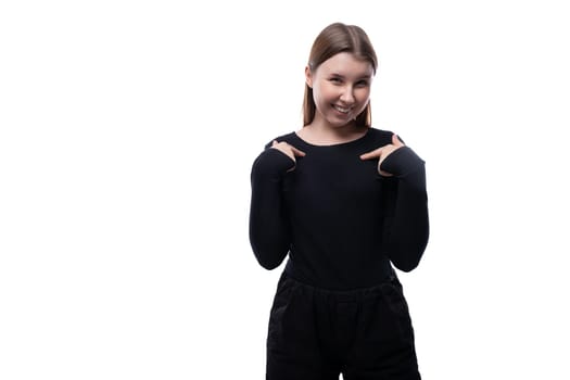 Confident pre-teen girl with brown hair on a white background with copy space