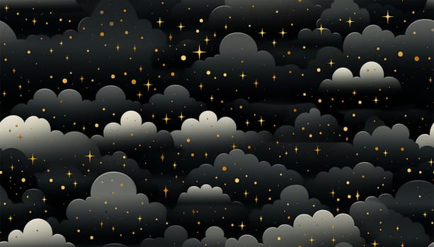 Cute night sky background with colorful clouds. dark blue seamless pattern with gold foil constellations, stars and clouds. Watercolor night sky background Dreamy design