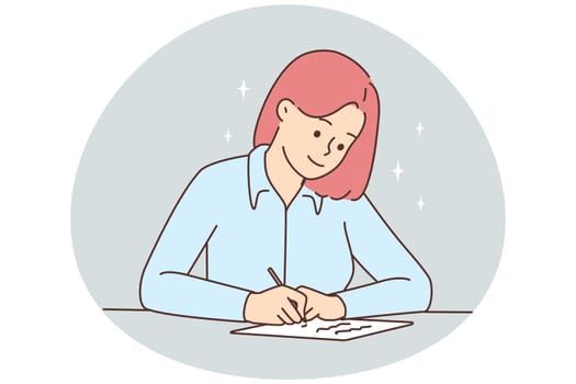 Smiling woman sit at desk writing