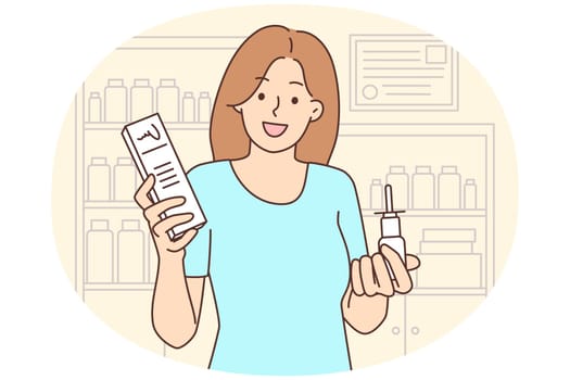 Smiling woman with meds in drugstore