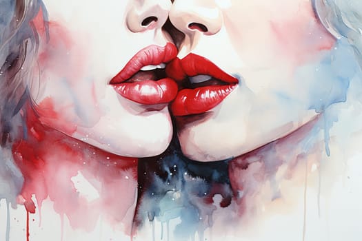 Two female tender seductive mouths with red lipstick close-up, watercolor drawing. Generated by artificial intelligence