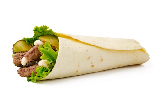 Fresh roll with grilled beef and vegetables isolated on white