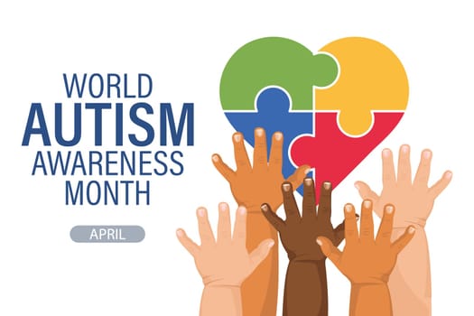 World Autism Awareness Day banner. Children's hands and colorful heart puzzles.