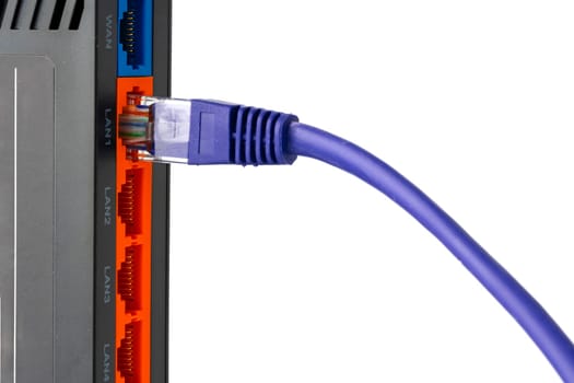 Modern router with cables plugged in close up