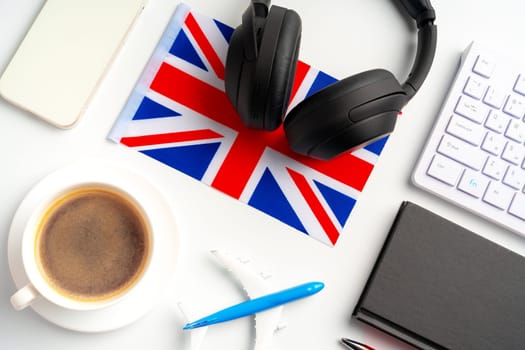 Headset and UK flag on working table