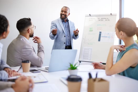 Business growth, training and black man with presentation in meeting for strategy for startup progress. Businessman, coach or teaching staff about planning, profit or economy analysis on whiteboard