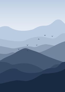 Aesthetic minimalist fog mountains with flying birds poster print