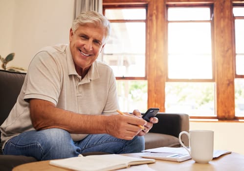 Paperwork, phone and senior man with pension plan, investments and savings on sofa. Happiness, banking and portrait of elderly guy from Australia in retirement paying mortgage, bills and debt online.