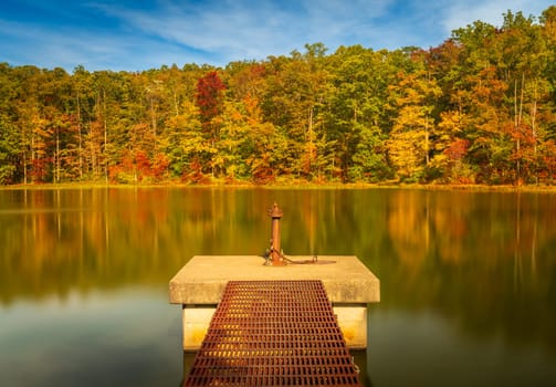 Fall leaves and metal pier in Coopers Rock State Forest in WV