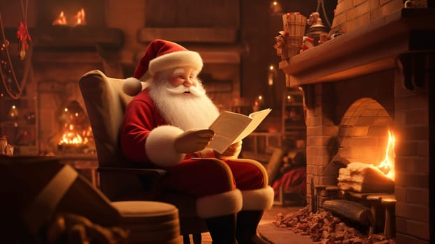 Santa Claus sits in a chair and reads a letter In a cozy room by a roaring fire - Christmas concept - Generative AI