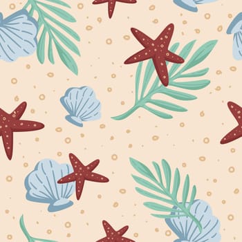 Sea seamless pattern with starfish, shells leaf