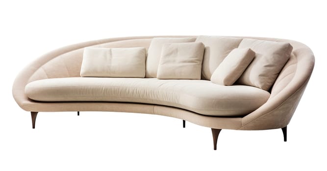 Stylish beige sofa with cushions and a contemporary curved design, offering comfort and modern elegance, isolated on a white background. Cut out furniture. Front view. Generative AI.