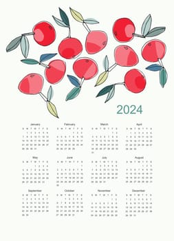 Calendar 2024 with hand drawn apples on bright background