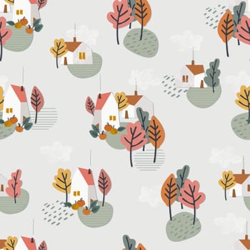 Seamless pattern with country houses, trees in yellow, rainy clouds. Cozy background, rural autumn concept