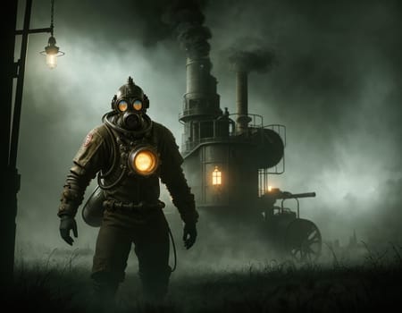 A man in a gas mask against the backdrop of a smoking factory. Ecological disaster and dystopia
