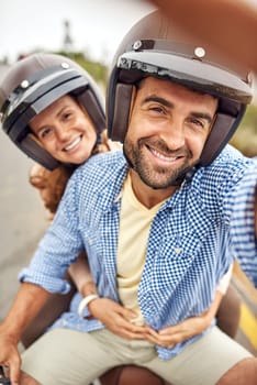 Couple, scooter and selfie for fun, adventure and vacation or holiday, romance and embrace in portrait. Happy people, freedom and motorcycle in outdoors, travel and explore for tourism, hug or free.