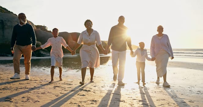 Family, fun and holding hands at beach, smile and support or trust, ocean and solidarity or care. Happy black people, sea and love or joy, bonding and water on vacation, holiday and laughing in sun