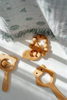 Wooden toys rattle in a baby bed