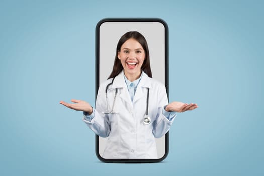 Joyful female doctor inviting to online consult