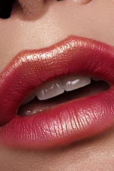 Beautiful Woman Lips with Fashion Lipstick Makeup. Cosmetic, Fashion Make-Up Concept. Beauty Lip Visage. Passionate kiss. Female Sexy Open Mouth