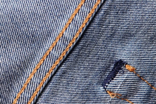 Seams on jeans close-up in high-resolution. Stitching on denim on the inside. Fabric texture. Blue jeans background and texture. Denim texture on the underside of the textile