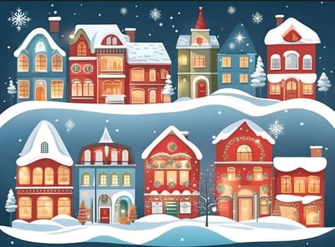 Christmas and New Year greeting card. Vector illustration of houses in winter town.Christmas cityscape with houses, trees and snowflakes. Vector illustration.Christmas and New Year background with colorful houses in winter.