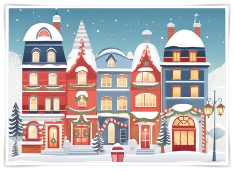 Christmas and New Year greeting card. Vector illustration of houses in winter town.Christmas cityscape with houses, trees and snowflakes. Vector illustration.Christmas and New Year background with colorful houses in winter.