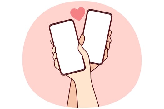 Couple hands with cellphones and internet dating