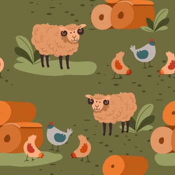 Sheep and chicken on field, seamless patterns