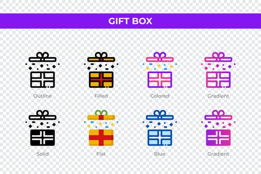 Gift box icons in different style. Gift box icons set. Holiday symbol. Different style icons set. Vector illustration
