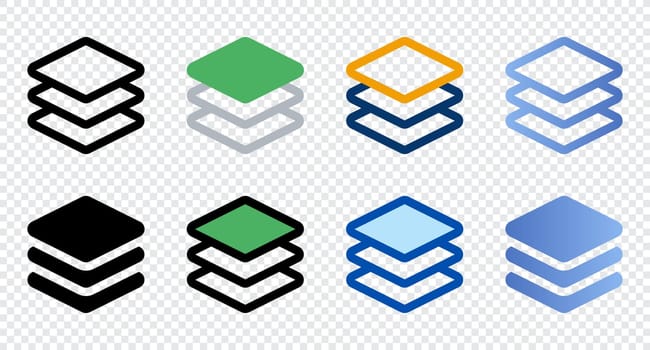 Layers icons in different style. Layers icons. Different style icons set. Vector illustration