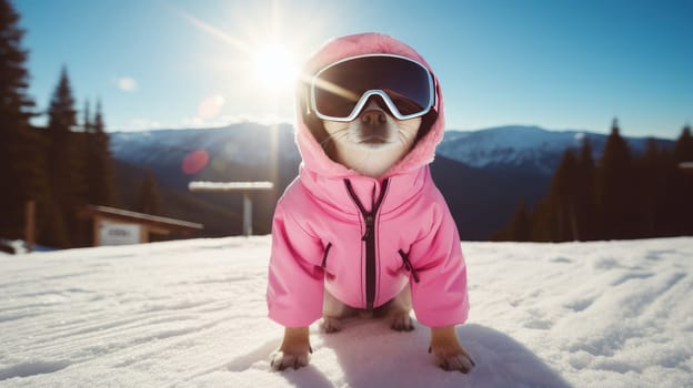 A happy, active, small, cheerful dog in a pink jacket and glasses runs through the snow overlooking a snowy landscape of a forest and mountains, at a ski resort.