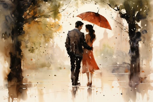 A couple in love under a red umbrella on a walk. Watercolor drawing.