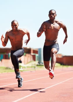 Man, athlete and running and competitive for race on track with practice for competition. Black people, together and passion for sport with dedication, motivation or determination on face for winning