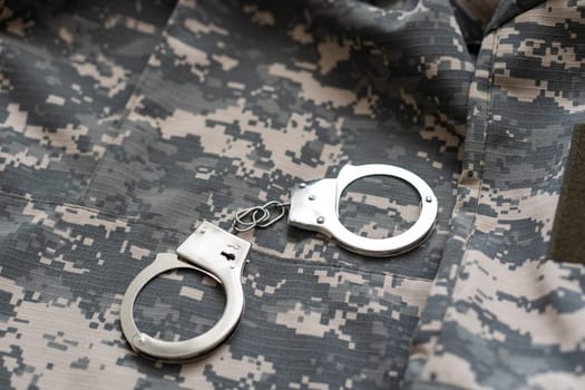 military camouflage uniform, handcuffed on background.
