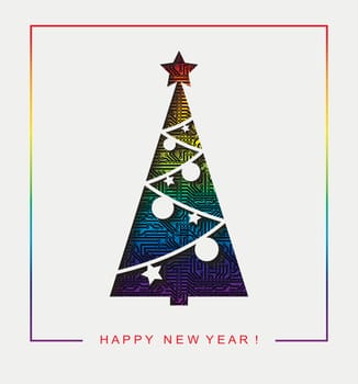 Welcome New Year card. Paper cut Christmas tree on a printed circuit board background in the colors of the LGBT flag.