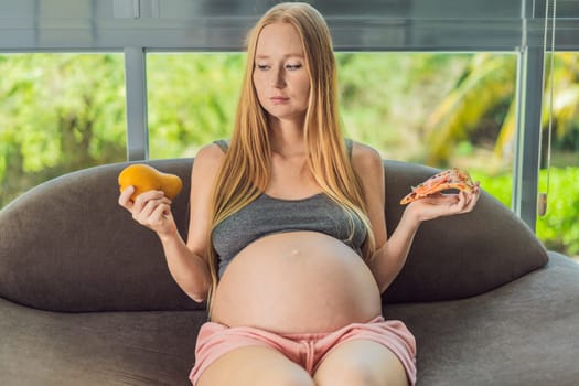 A pregnant woman faces a choice between nourishing, wholesome food and tempting fast food, highlighting the importance of healthy dietary decisions during pregnancy