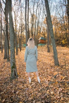 Back view blonde woman in elegant gray coat walks in the sunny autumn season park. Generation z and gen z youth concept.