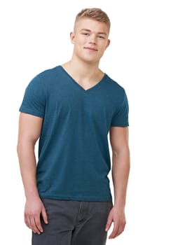 Man, fashion and trendy outfit with denim jeans, happy and isolated on white studio background. Portrait, confident and adolescent for cool clothes, youth and smile with face, boy and casual
