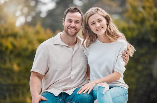 Happy couple, smile and hug with portrait in garden, backyard or outdoors with embrace for love. Man, woman and excitement on face for bond, care and support for romance, marriage or relationship
