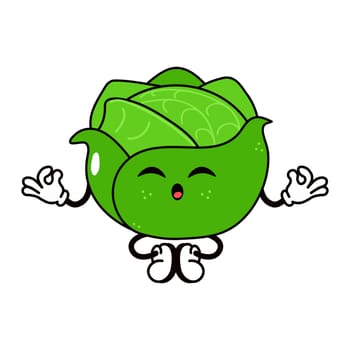 Cabbage doing yoga character. Vector hand drawn traditional cartoon vintage, retro, kawaii character illustration icon. Isolated on white background. Cabbage relax character
