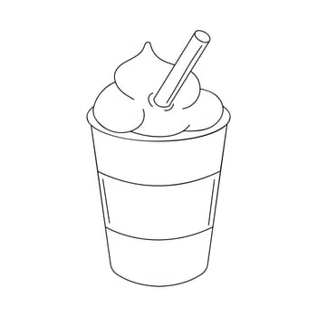 Coffee in paper cup with straw and cream. Line art, sketch style. Vector illustration isolated on a white background.
