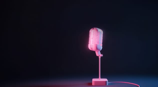Vintage style microphone in studio neon pink glow. Vivid color banner with copy space black background neon lights.