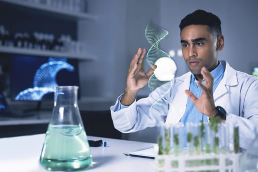 Man, dna hologram and biochemistry lab with thinking, plant study and data for health, medical research or ideas. Scientist, 3D holographic overlay or leaves for science, info or laboratory analysis