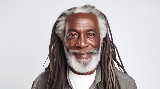 Handsome elderly black African American man with long dreadlocked hair, on white background, banner. Advertising of cosmetic products, spa treatments, shampoos and hair care products, dentistry and medicine, perfumes and cosmetology for senior men.