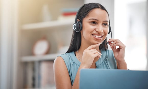 Telemarketing, listening and happy business woman chat in contact center, callcenter sales consultation or tech support. Help desk services, communication or ecommerce agent advice on lead generation.