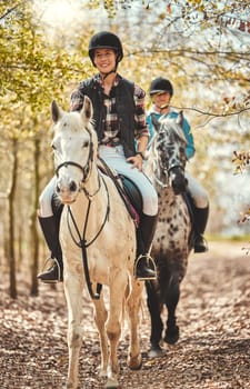 Portrait, women and horses in a forest, happiness and woods with animal care, stallion and countryside. Adventure, pets and girls with joy, activity and relax with hobby, bonding together and friends